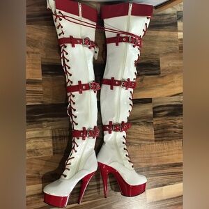Size 7 Pleaser Thigh High Lace-Up Side Zipper Buckle Sides Boots L@@K!